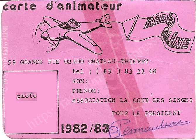 Carte d'animateur Radio ALINE 1982-1983 (filigrane 1)